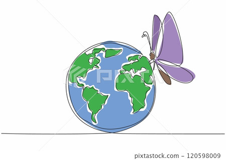 Single one line drawing globe infested with big butterfly. A symbol of hope and transformation. Delicate dance of global harmony. Zero Discrimination Day. Continuous line design graphic illustration 120598009