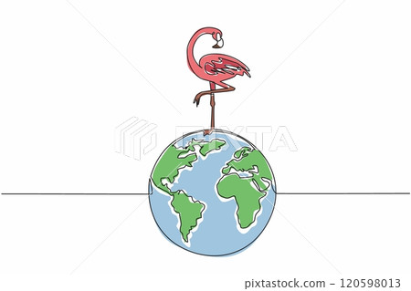 Single continuous line drawing globe with flamingo on top. Avoid lake pollution by disposing of waste in its proper place. Keep habitat clean. World Wildlife Day. One line design vector illustration 120598013