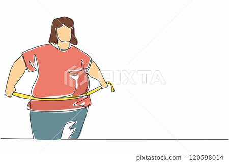 Single continuous line drawing obese woman wrapped in measuring tape. Self-awareness. It's already gone way beyond limit. Back to healthy living. World Obesity Day. One line design vector illustration 120598014
