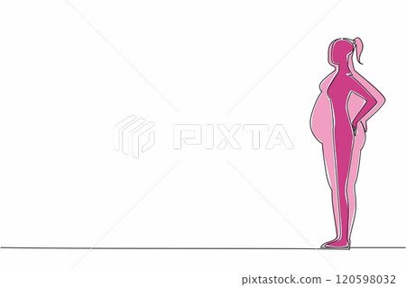 Single one line drawing silhouette of a slim body woman inside a fat body silhouette. Big dreams of losing big weight. Strict diet. World Obesity Day. Continuous line design graphic illustration 120598032