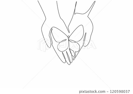 Single one line drawing butterflies perched on two open, stacked palms. Protect. Accept as without distinction. A peaceful world. Zero Discrimination Day. Continuous line design graphic illustration 120598037