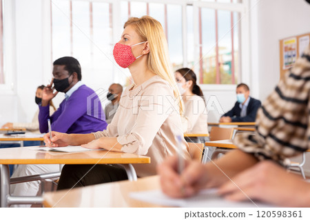 Group of adult students in protective masks at lecture at university Group of adult students in protective masks at lecture at university 120598361