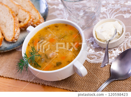 Rassolnik - Traditional Russian soup with pickled cucmbers Rassolnik - Traditional Russian soup with pickled cucmbers 120598423
