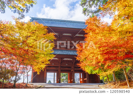 Autumn at Mount Koya: Daimon Gate and red maple leaves Autumn at Mount Koya: Daimon Gate and red maple leaves 120598540
