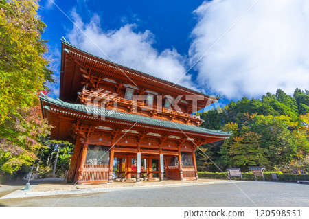 秋天的高野山，秋天的大門和楓葉 120598551