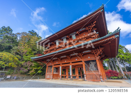 秋天的高野山，秋天的大門和楓葉 120598556