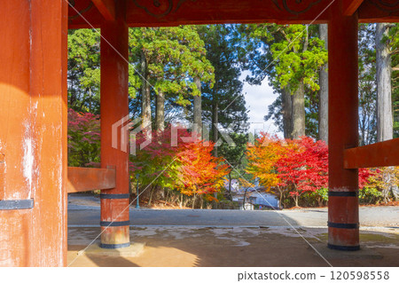 Autumn at Mount Koya: Daimon Gate and red maple leaves 120598558