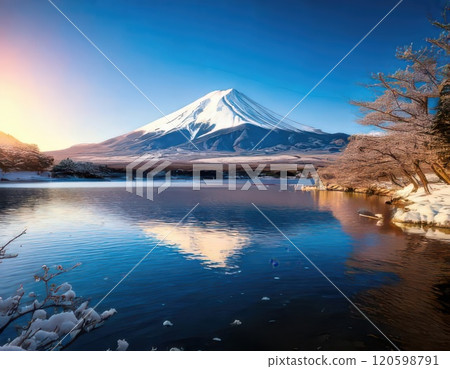 《AI image》Clear blue sky and snow-covered Mt. Fuji reflected on the lake surface 120598791
