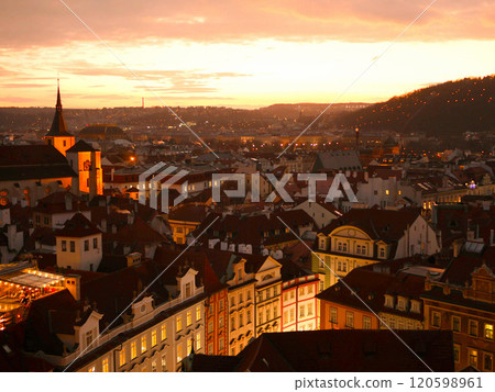 Prague cityscape and evening view from the clock tower in Old Town Square 120598961