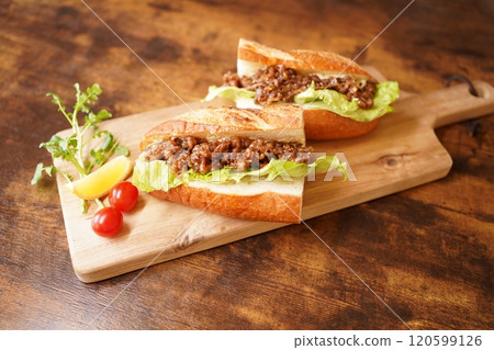 Pork baguette sandwich, subway style 120599126