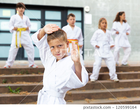 Young boy in kimono posing outdoors 120599164