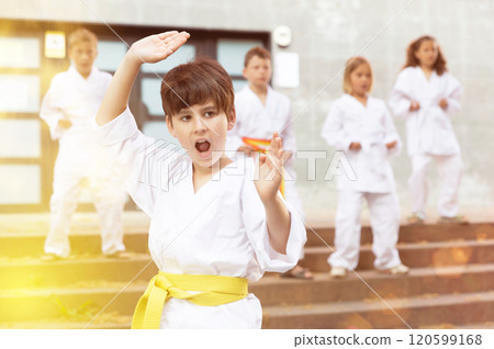 Tweenager mastering karate moves during group class outdoors Tweenager mastering karate moves during group class outdoors 120599168