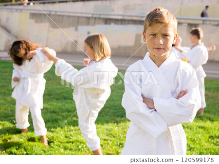 Portrait of schoolboy in kimono practicing karate with friends 120599178