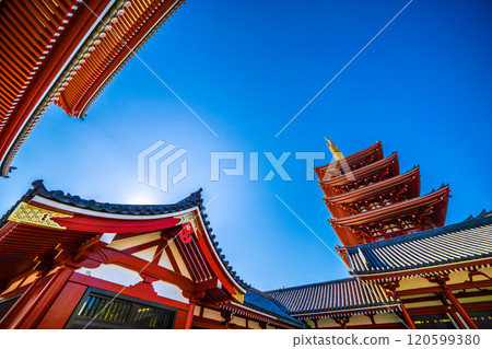 日本東京城市景觀 連結未來...藍天遍地的東京。沐浴在陽光下的淺草寺五層塔的景色=25日 日本東京城市景觀 連結未來...藍天遍地的東京。沐浴在陽光下的淺草寺五層塔的景色=25日 120599380