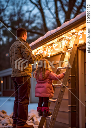 A man and a little girl standing on a ladder in front of a house A man and a little girl standing on a ladder in front of a house 120599432