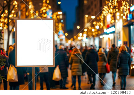 A group of people walking down a city street at night 120599433