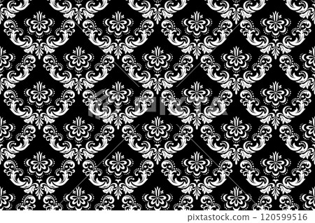 Floral pattern. Vintage wallpaper in the Baroque style. Seamless vector background. White and black ornament for fabric, wallpaper, packaging. Ornate Damask flower ornament. 120599516