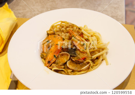 Pasta spaghetti with seafood and sauce on a table Pasta spaghetti with seafood and sauce on a table 120599558