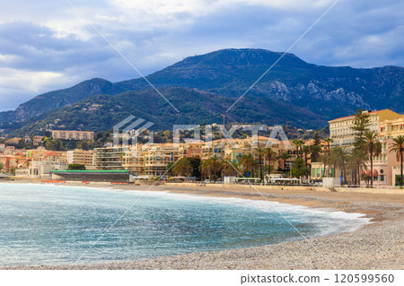 Beach of Mediterranean sea in Menton, French Riviera, France Beach of Mediterranean sea in Menton, French Riviera, France 120599560