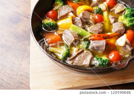 Beef tongue, ajillo, vegetables Beef tongue, ajillo, vegetables 120599686