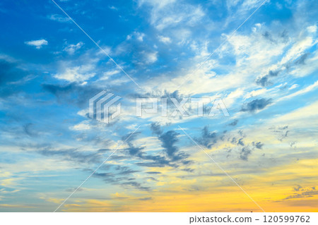 Scattered clouds in a vivid blue sky at dusk Background material 120599762
