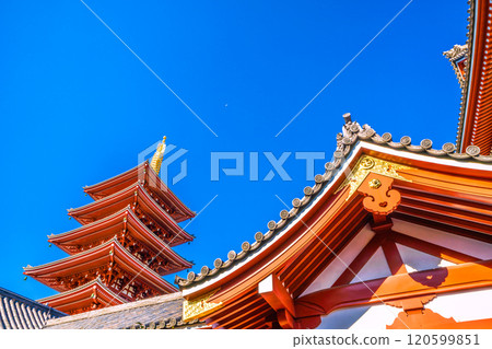 Tokyo cityscape in Japan: Airplanes fly over Tokyo under the blue sky. A view of the five-story pagoda of Sensoji Temple and other areas. Towards a new era = 25th Tokyo cityscape in Japan: Airplanes fly over Tokyo under the blue sky. A view of the five-story pagoda of Sensoji Temple and other areas. Towards a new era = 25th 120599851