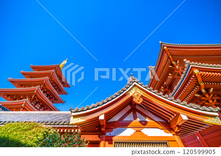 日本的東京城市景觀 連結未來...擁有藍天的東京。淺草寺五層寶塔和寶藏門的景色。邁向新時代=25日 120599905