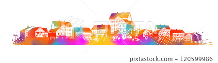 Colored city long panorama. hand drawing. Not AI. Vector illustration Colored city long panorama. hand drawing. Not AI. Vector illustration 120599986