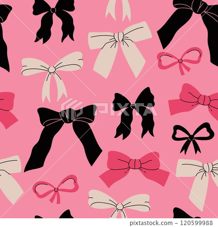 Seamless pattern with bows of different shapes on a pink background. Vector graphics. Seamless pattern with bows of different shapes on a pink background. Vector graphics. 120599988
