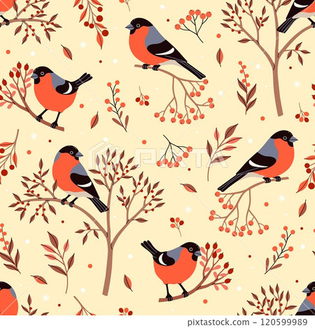 Seamless pattern with bullfinches, twigs and berries. Vector graphics. 120599989