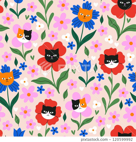 Seamless pattern with flowers and cat faces. Vector graphics. Seamless pattern with flowers and cat faces. Vector graphics. 120599992