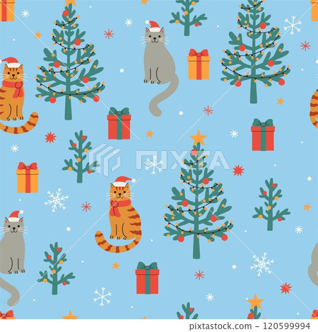 Seamless pattern with Christmas trees and cats in Santa hats. Vector graphics. Seamless pattern with Christmas trees and cats in Santa hats. Vector graphics. 120599994