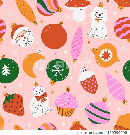 Seamless pattern with Christmas decorations of different shapes. Vector graphics. Seamless pattern with Christmas decorations of different shapes. Vector graphics. 120599996