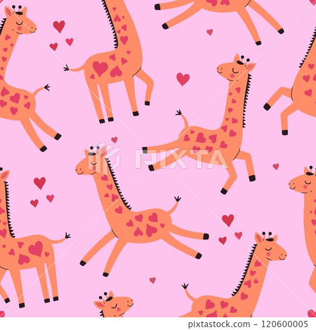 Valentine s Day seamless pattern with cute giraffes and hearts. Vector graphics. 120600005