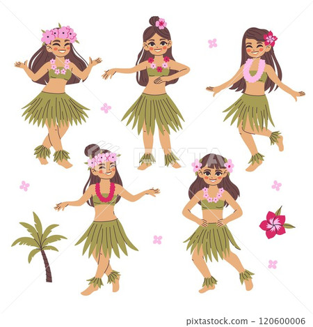 Set of cute Hawaiian dancing girls. Vector graphics. Set of cute Hawaiian dancing girls. Vector graphics. 120600006