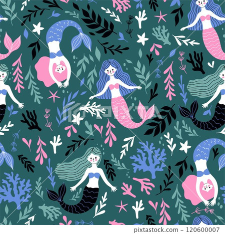 Seamless pattern with mermaids and seaweed. Vector graphics. 120600007