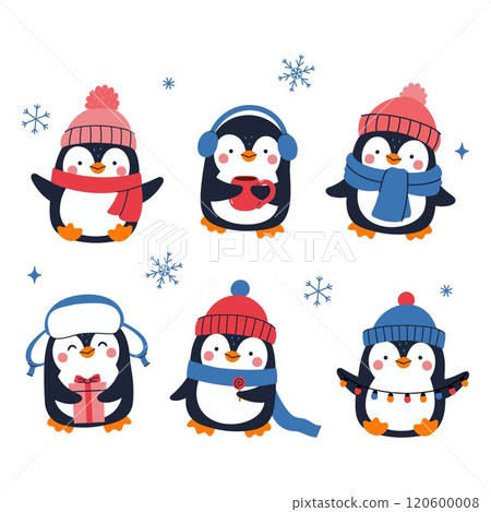 Set of cute penguins in winter clothes. Vector graphics. 120600008