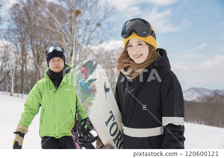 Men and women standing on the slopes - snowboarding image 120600121