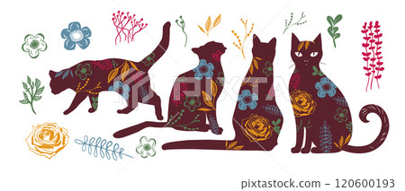 Set of cat silhouettes with flowers. Not AI, Vector illustration 120600193