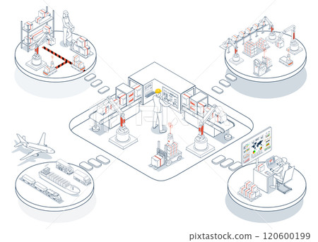 Logistics Supply Chain Management concept with Procurement, Manufacturing, Storage, Information Technology, Distribution and Transportation. Vector illustration eps10 120600199