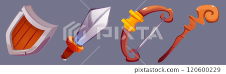 Cartoon Fantasy Weapons Shield Blade Bow Staff. Vector Illustration 120600229