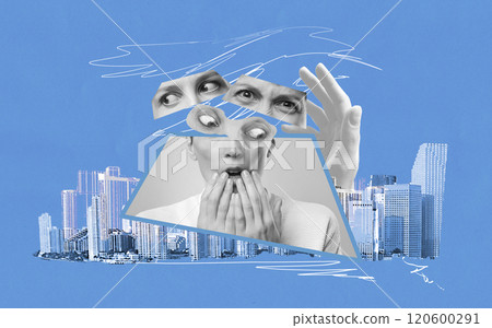 Artwork - concept of fear and mental illness of a woman in a big city. Artwork - concept of fear and mental illness of a woman in a big city. 120600291