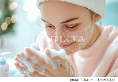 Washing hands with foaming soap under a modern sink 120600388