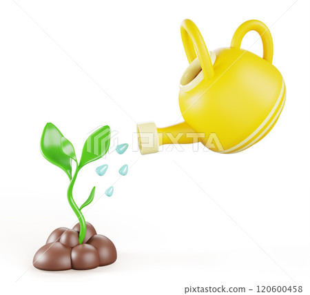 3d yellow watering can pours blue water drops on sprout grow in soil pile. Green plant seedling, new life, spring, isolated render icon. Gardening, ecology protection or environment. 3D illustration 3d yellow watering can pours blue water drops on sprout grow in soil pile. Green plant seedling, new life, spring, isolated render icon. Gardening, ecology protection or environment. 3D illustration 120600458