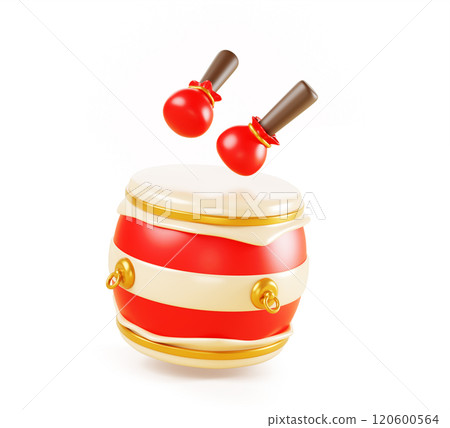 3d drum with sticks cartoon render icon. Chinese red gold musical instrument for asian New Year celebration, theatre or dance performance. Isolated music child game, cute baby toy. 3D illustration 3d drum with sticks cartoon render icon. Chinese red gold musical instrument for asian New Year celebration, theatre or dance performance. Isolated music child game, cute baby toy. 3D illustration 120600564