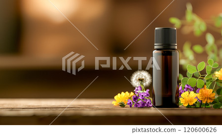 Natural wellness concept with essential oil bottles and wildflowers 120600626