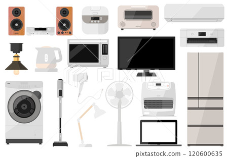 Home appliances vector illustration set Drum washing machine Vacuum cleaner Electric fan Refrigerator Heater Air conditioner Rice cooker Home appliances vector illustration set Drum washing machine Vacuum cleaner Electric fan Refrigerator Heater Air conditioner Rice cooker 120600635