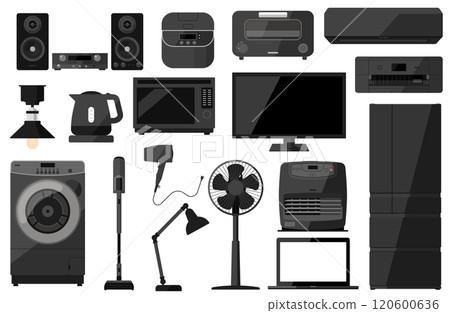 黑色家電向量插圖集黑色煤油爐電子水壺揚聲器組件烤麵包機 黑色家電向量插圖集黑色煤油爐電子水壺揚聲器組件烤麵包機 120600636