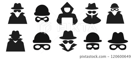 Incognito icon, mystery secret spy or detective silhouette, figure with hat glass or mask. Anonymous invisible character figure.  120600649