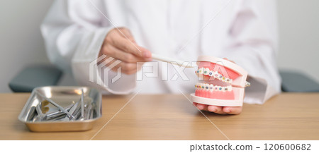 Dentist with Orthodontic tooth model and bracket or brace. Clean and Scrape off tartar. May Orthodontic Health Day, March Oral health, Dentist Day, False Teeth. Toothache and Children Dental Health Dentist with Orthodontic tooth model and bracket or brace. Clean and Scrape off tartar. May Orthodontic Health Day, March Oral health, Dentist Day, False Teeth. Toothache and Children Dental Health 120600682